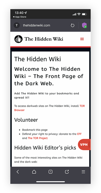 通过 Tor 浏览器访问隐藏维基，暗网的非官方维基百科。