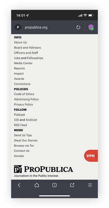 通过 Tor 浏览器匿名访问 ProPublica。